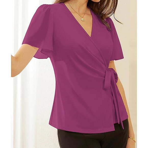 2025 Womens Summer Tops Dressy Business Casual Chiffon Short Sleeve - Picture 4 of 7